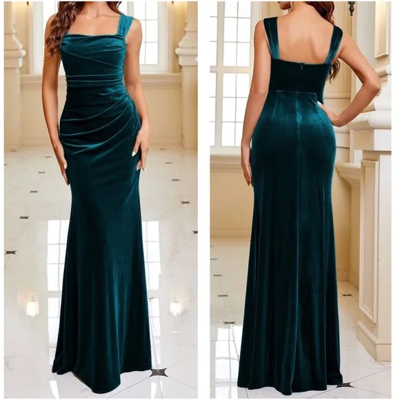 Luxe Velvet Ruched Party Formal Wedding Black Tie Maxi Dress - Picture 5 of 6